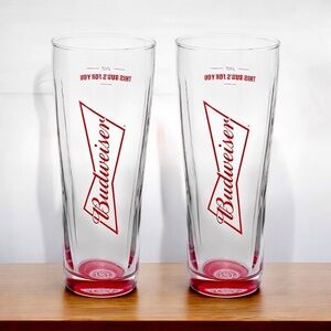 Limited Edition Budweiser Red Bottom Glasses. Boelter Brands. Tall Beer Glass.